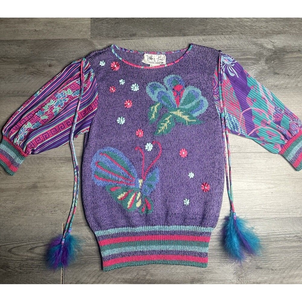 Vintage 80s Diane Freis Marisa Christina Butterfly Knit Peasant Sweater M Rare